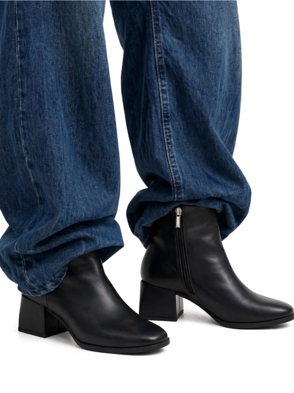 a new day Black Leather Side-Zip Block Heel Ankle Boots